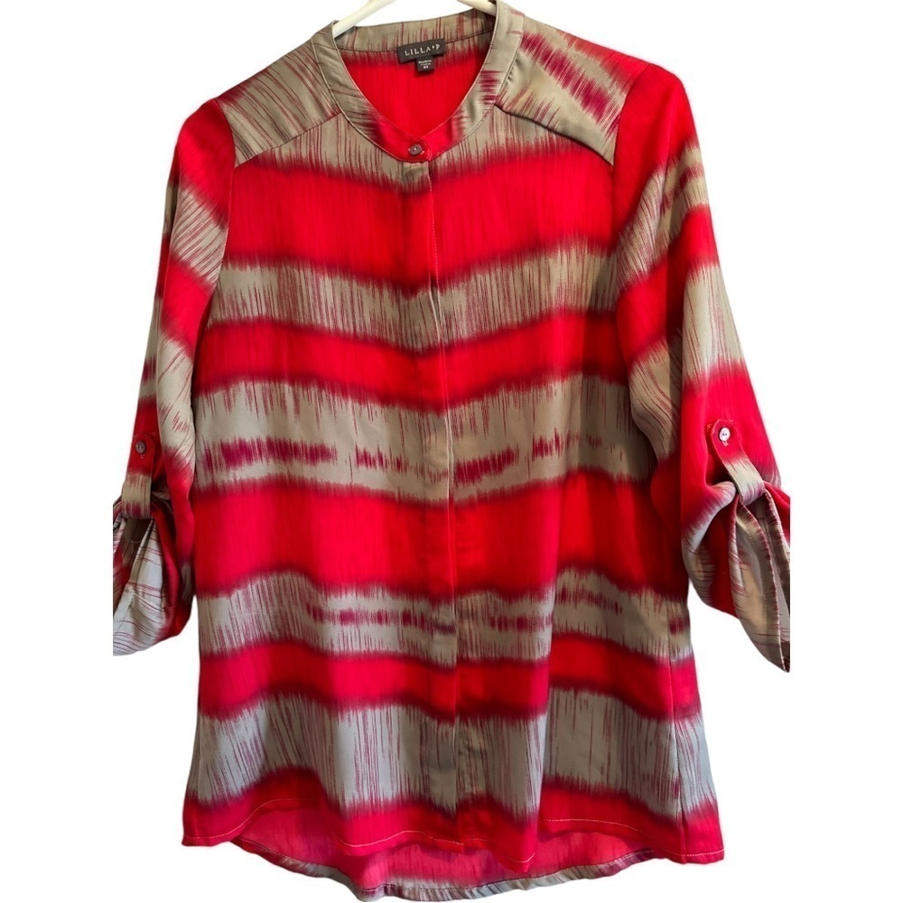 Lilla P. Stylish Bright Pink Fuchsia & Gray Blouse, Womens XS, Crew Neck Stripes